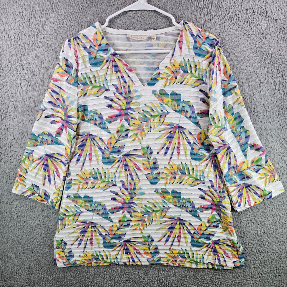 Soft‎ Surroundings Tropical Palm Leaf V-Neck Top 3/4 Sleeve Multi Color Large
